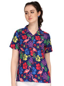 Hawaiian Shirt Women Flamingo Leaf Print Aloha Beach Blouse Camp Swim Party