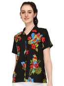 Hawaiian Shirt Women Parrot Flower Aloha Beach Camp Swim Top Blouse