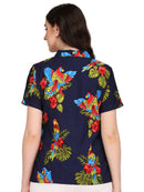 Hawaiian Shirt Women Parrot Flower Aloha Beach Camp Swim Top Blouse