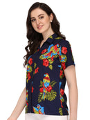 Hawaiian Shirt Women Parrot Flower Aloha Beach Camp Swim Top Blouse