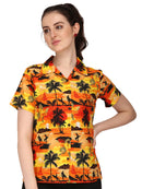Hawaiian Shirt Women Allover Flower Aloha Beach Camp Swim Top Blouse