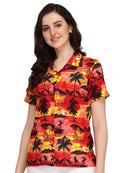 Hawaiian Shirt Women Allover Flower Aloha Beach Camp Swim Top Blouse