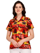 Hawaiian Shirt Women Allover Flower Aloha Beach Camp Swim Top Blouse