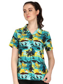 Hawaiian Shirt Women Allover Flower Aloha Beach Camp Swim Top Blouse