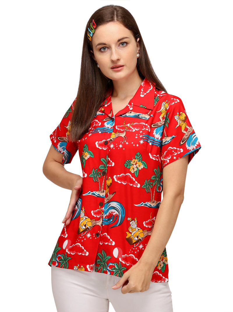 Hawaiian Shirt Womens Christmas Santa Claus Top Blouse Party Aloha Holiday Beach