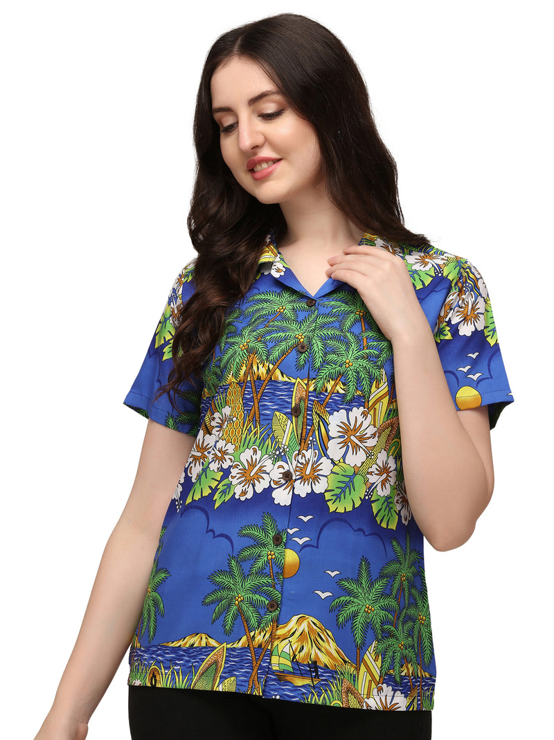 Hawaiian Shirts Womens Floral Scenic Beach Aloha Top Blouse Short Sleeve