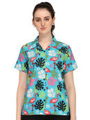 Hawaiian Shirt Women Flamingo Leaf Print Aloha Beach Blouse Camp Swim Party