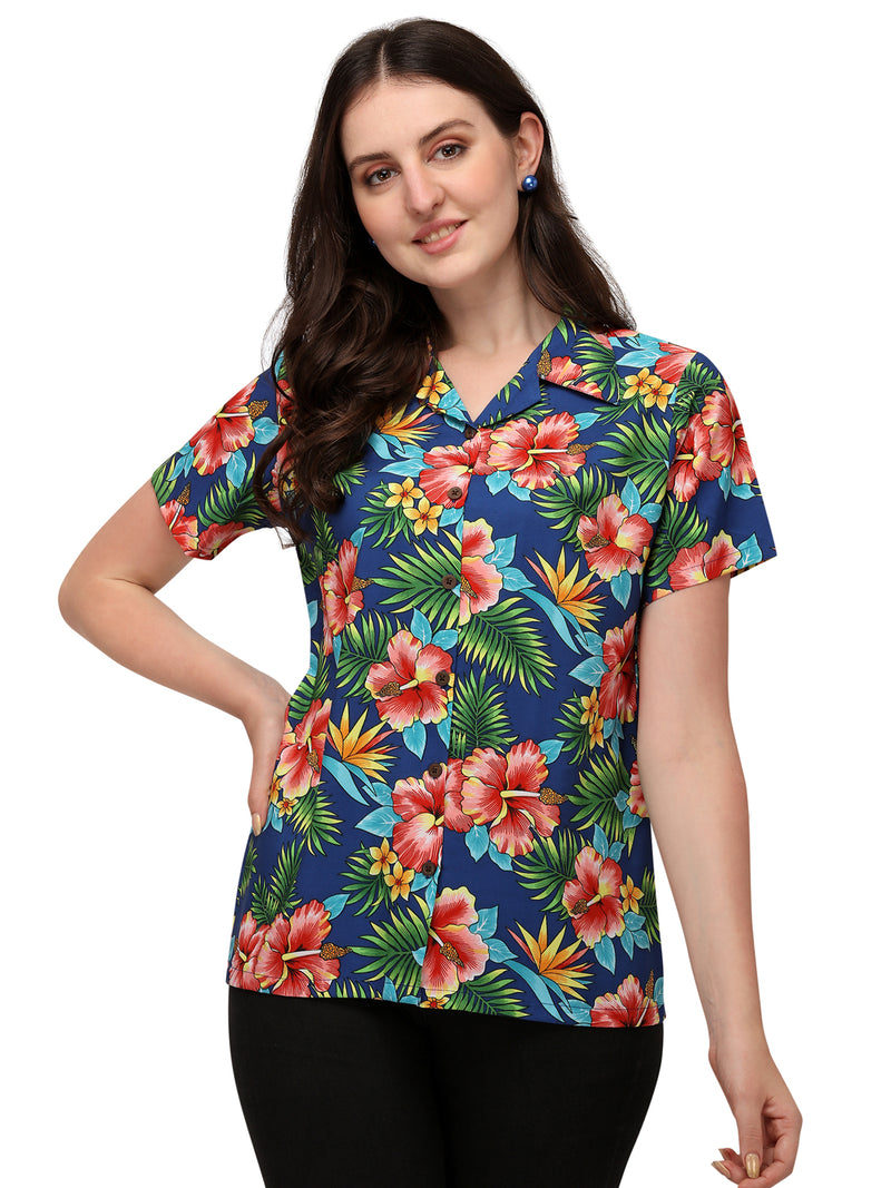 Women's Short Sleeve Casual Aloha Beach Button Down Hawaiian Shirt