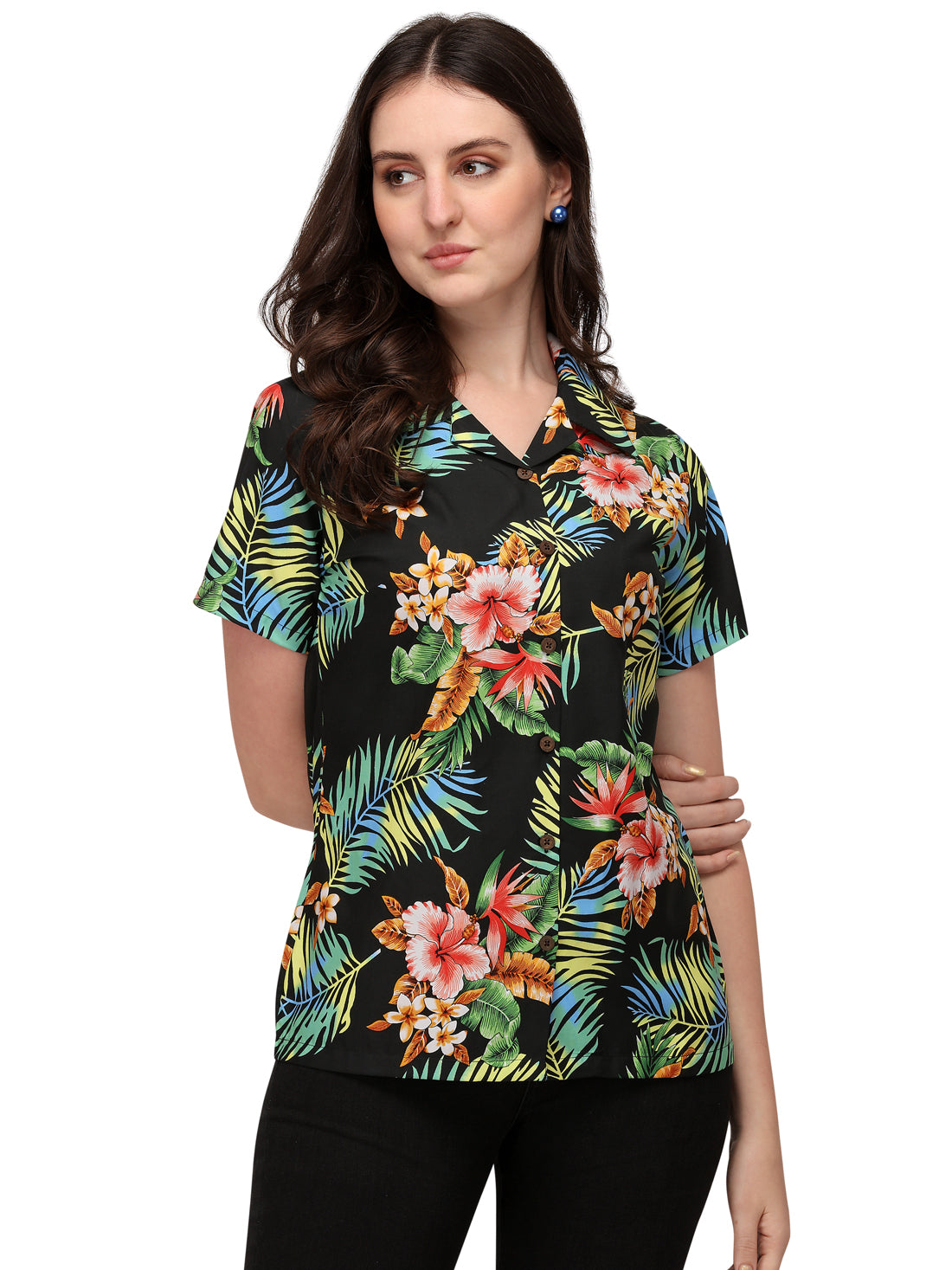 Alvish Womens Short Sleeve Casual Aloha Button Down Hawaiian Shirt for Women S / Black