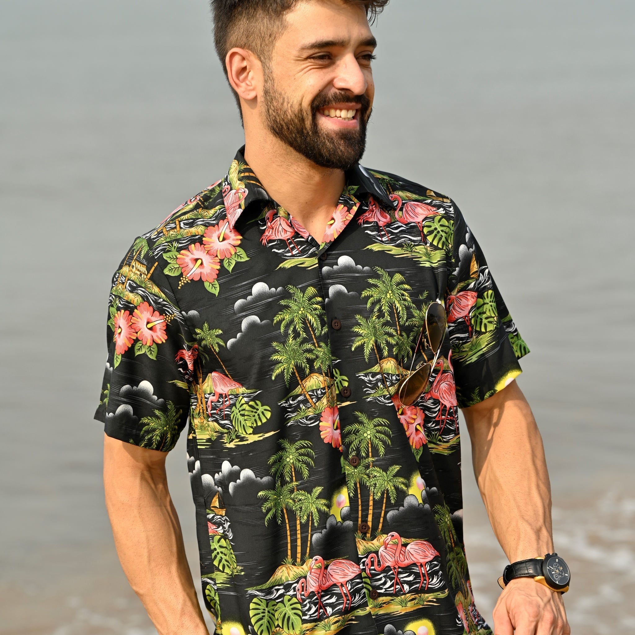 Hawaiian Shirt Mens Scenic Flamingo Beach Aloha Casual Holiday Short S