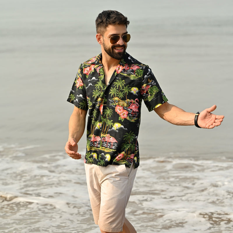 Hawaiian Shirt Mens Scenic Flamingo Beach Aloha Casual Holiday Short Sleeve