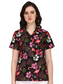 Hawaiian Shirt Women Flamingo Leaf Print Aloha Beach Blouse Camp Swim Party