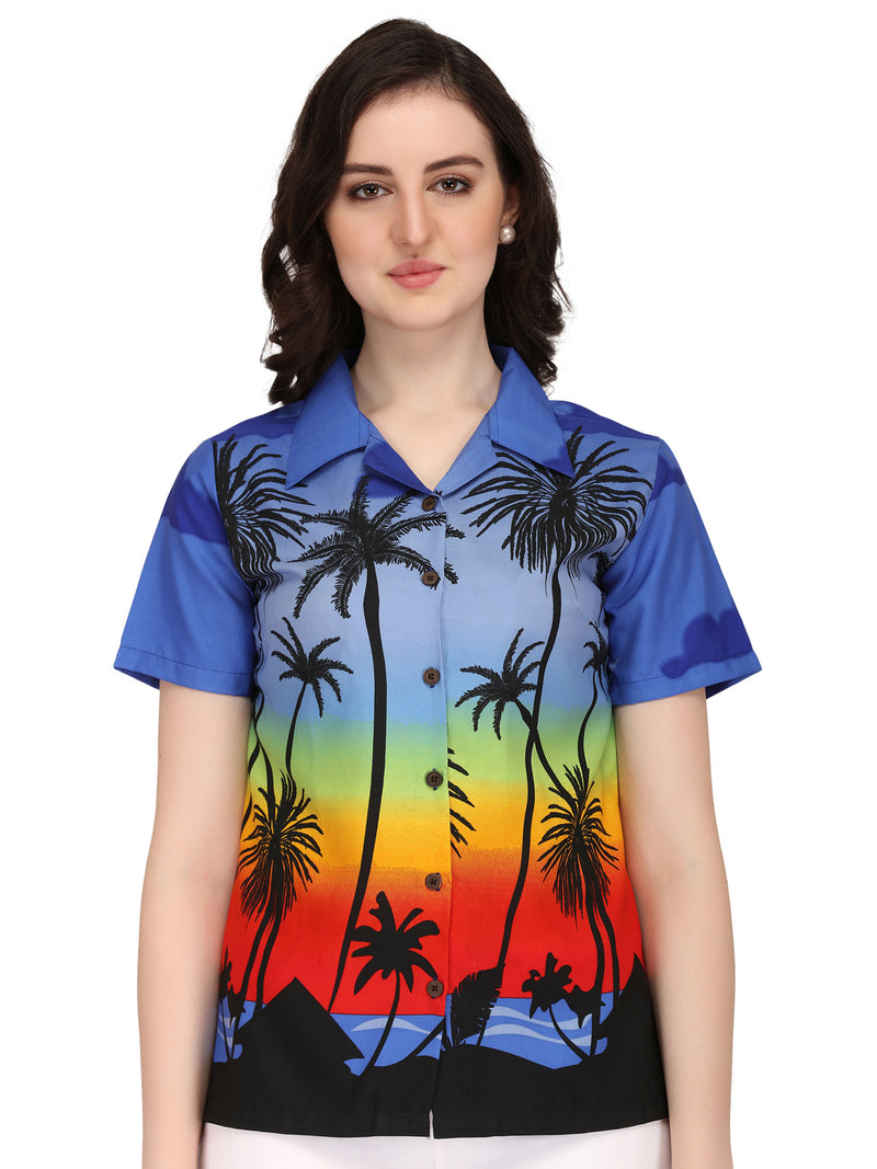 Hawaiian Shirt Women Coconut Tree Print Aloha Beach Top Blouse Casual