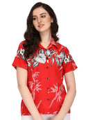 Hawaiian Shirt Women Bamboo Tree Print Aloha Beach Top Blouse Swim