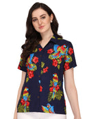 Hawaiian Shirt Women Parrot Flower Aloha Beach Camp Swim Top Blouse