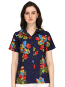 Hawaiian Shirt Women Parrot Flower Aloha Beach Camp Swim Top Blouse