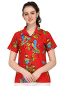 Hawaiian Shirt Women Parrot Flower Aloha Beach Camp Swim Top Blouse