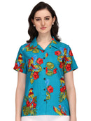 Hawaiian Shirt Women Parrot Flower Aloha Beach Camp Swim Top Blouse
