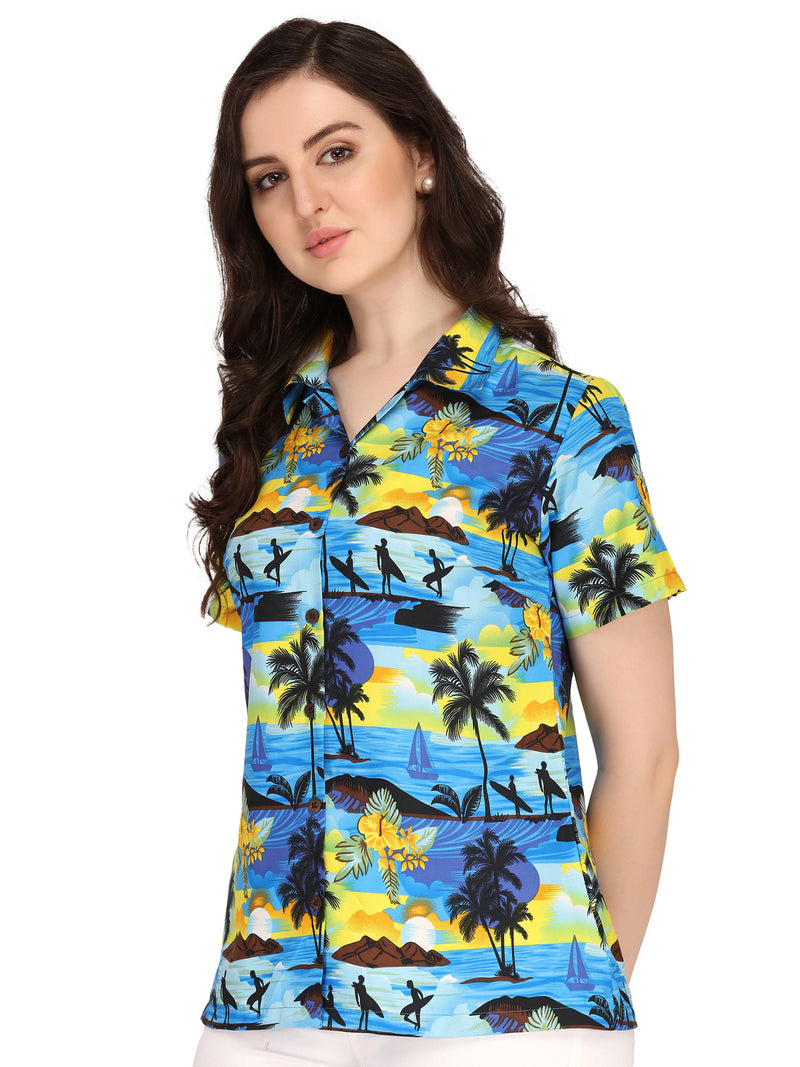 Hawaiian Shirt Women Allover Flower Aloha Beach Camp Swim Top Blouse