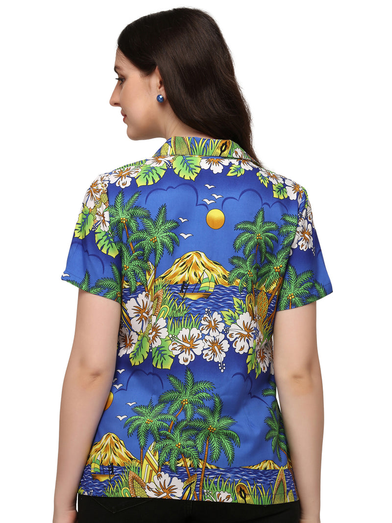 Hawaiian Shirts Womens Floral Scenic Beach Aloha Top Blouse Short Slee