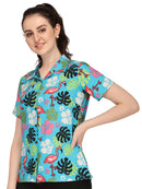 Hawaiian Shirt Women Flamingo Leaf Print Aloha Beach Blouse Camp Swim Party