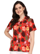 Hawaiian Shirt Women Flamingo Leaf Print Aloha Beach Blouse Camp Swim Party