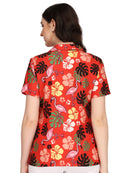 Hawaiian Shirt Women Flamingo Leaf Print Aloha Beach Blouse Camp Swim Party