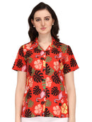 Hawaiian Shirt Women Flamingo Leaf Print Aloha Beach Blouse Camp Swim Party