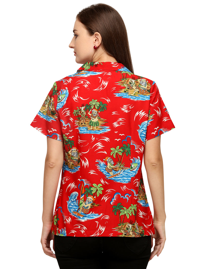 Hawaiian Shirt Womens Christmas Santa Reindeer Claus Top Blouse Aloha Holiday
