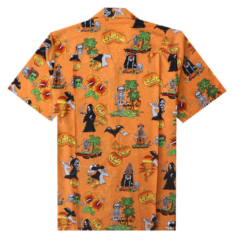 Halloween Hawaiian Shirts for Men with Pumpkin Skeleton Skull Spooky Fun Party